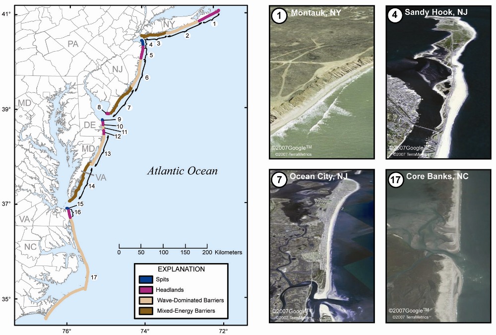 	Map of the mid-Atlantic coast of the United States showing the occurrence of the four coastal landform, and pictures of those types.
