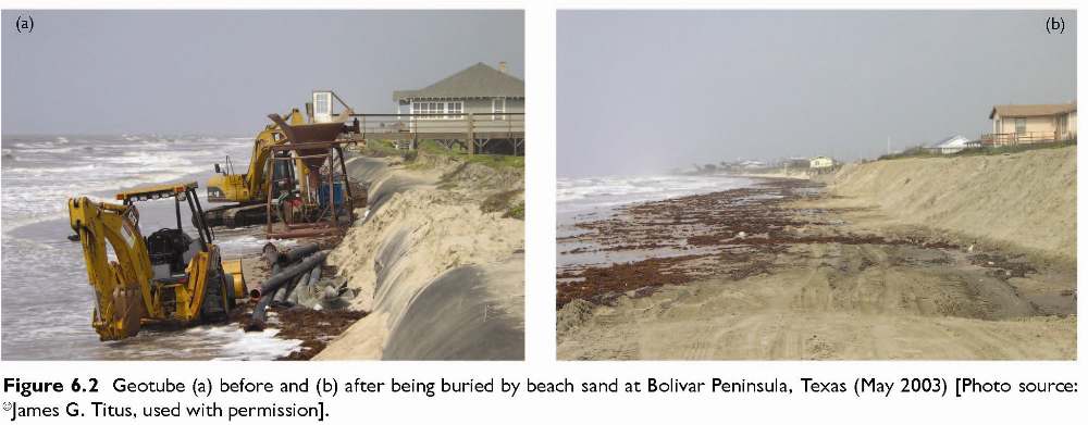 Figure 6.2 Geotube (a) before and 
(b) after being buried by beach sand at Bolivar Peninsula, Texas (May 2003) [Photo source: James G. Titus, 
used with permission].