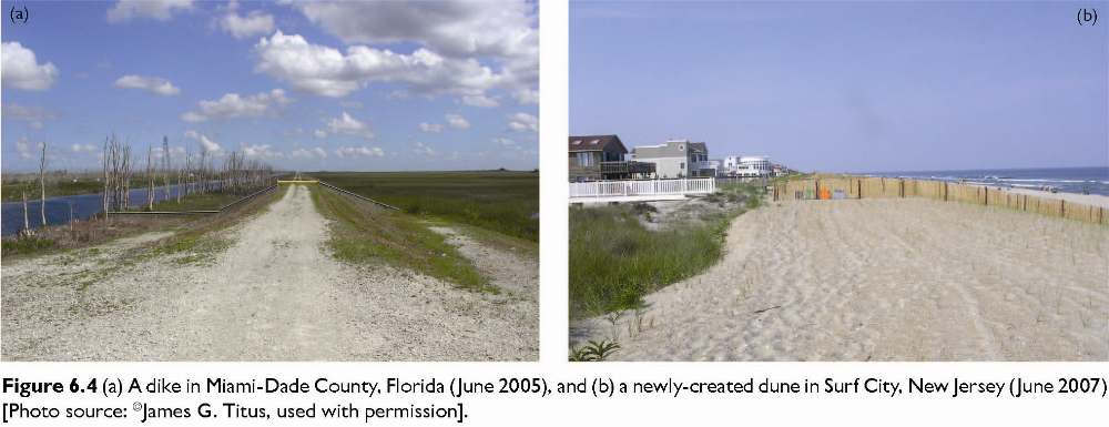 Figure 6.4 (a) A dike in Miami-Dade County, Florida (June 2005), and (b) a newly-created dune in Surf City, New Jersey (June 2007) [Photo source: James G. Titus, used with permission].