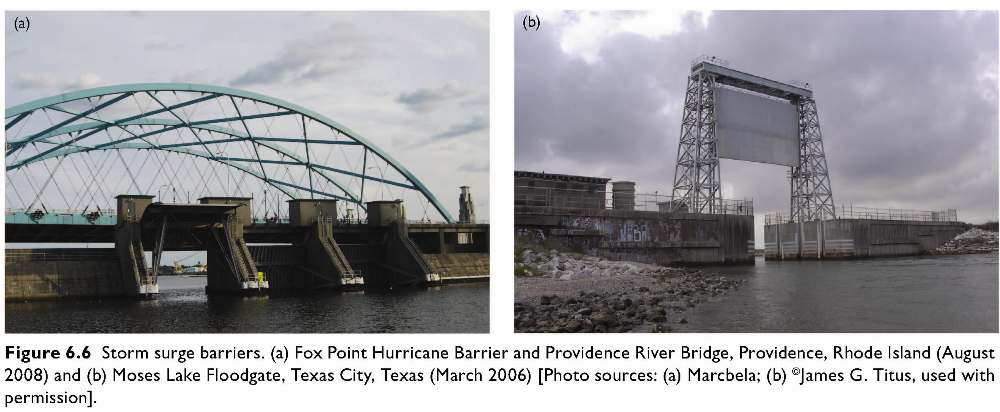 Figure 6.6 Storm surge barriers. (a) Fox Point Hurricane 
Barrier and Providence River Bridge, Providence, Rhode Island (August 2008) and (b) Moses Lake Floodgate, Texas City, Texas (March 2006)
 [Photo sources: (a) Marcbela; (b) James G. Titus, used with permission].