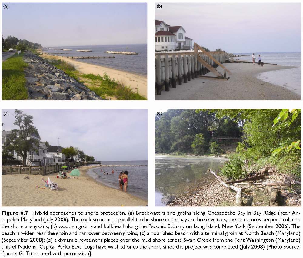 Figure 6.7 Hybrid approaches to shore protection. (a) Breakwaters and groins along Chesapeake Bay in Bay Ridge (near Annapolis) Maryland (July 2008). The rock structures parallel to the shore in the bay are breakwaters; the structures perpendicular to the shore are groins; (b) wooden groins and bulkhead along the Peconic Estuary on Long Island, New York (September 2006). The beach is wider near the groin and narrower between groins; (c) a nourished beach with a terminal groin at North Beach (Maryland) (September 2008); (d) a dynamic revetment placed over the mud shore across Swan Creek from the Fort Washington (Maryland) unit of National Capital Parks East. Logs have washed onto the shore since the project was completed (July 2008) [Photo source: James G. Titus, used with permission].