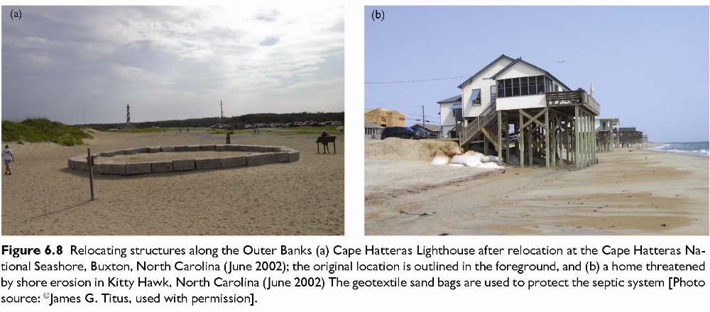 Figure 6.8 Relocating structures along the Outer Banks (a) Cape Hatteras Lighthouse after relocation at the Cape Hatteras National Seashore, Buxton, North Carolina (June 2002); the original location is outlined in the foreground, and (b) a home threatened by shore erosion in Kitty Hawk, North Carolina (June 2002) The geotextile sand bags are used to protect the septic system [Photo source: James G. Titus, used with permission].