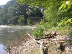Figure 6.7 (d).  A dynamic revetment placed over the mud shore across Swan Creek from the Fort Washington (Maryland) unit of National Capital Parks East. Logs have washed onto the shore since the project was completed (July 2008) [Photo source: James G. Titus, used with permission].