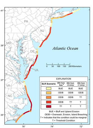 Summary graphic for Chapter 3:  The response of barrier islands and other coastal landforms to rising sea level